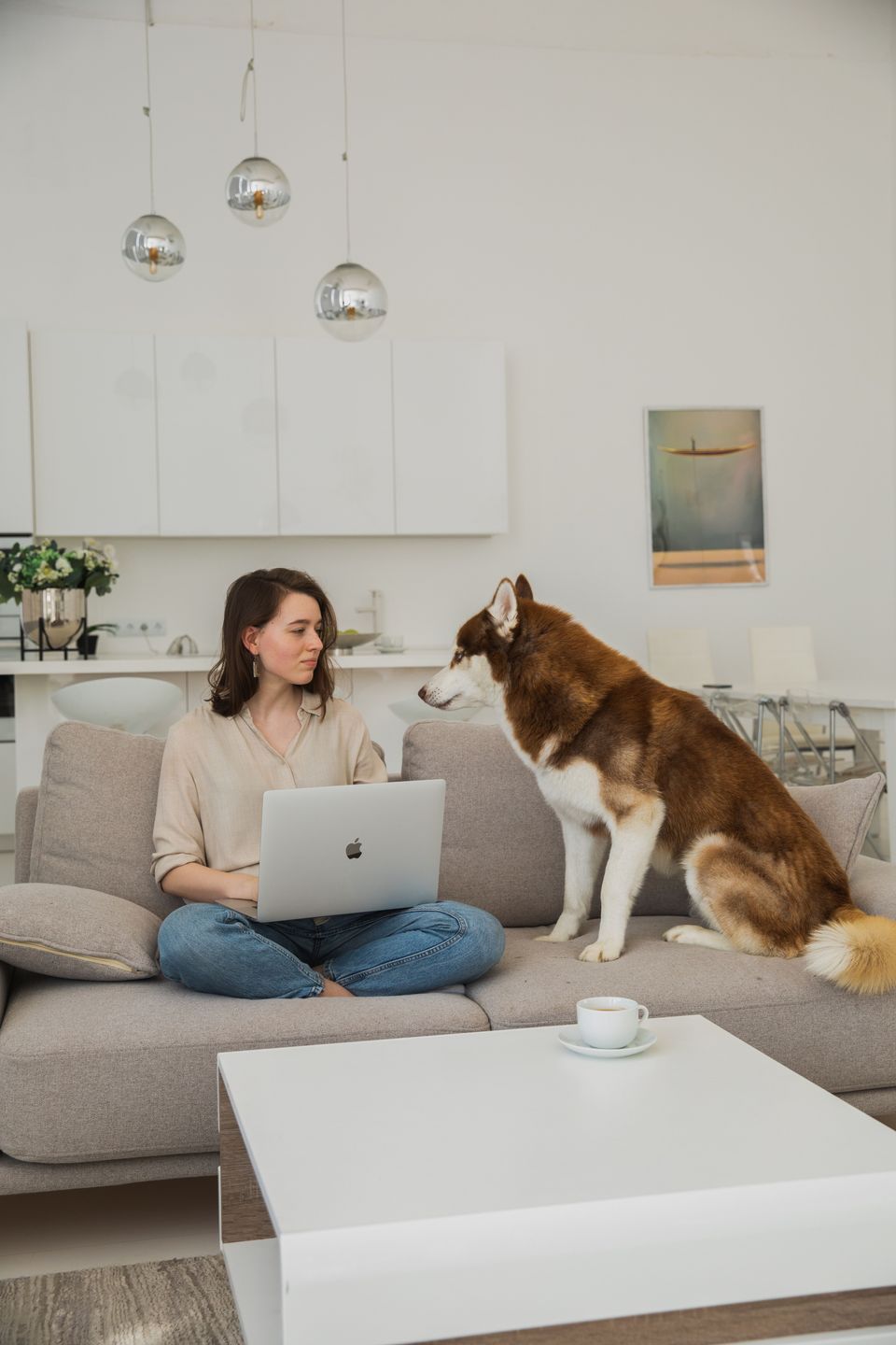 A woman with a laptop sits beside a dog on a sofa at home.